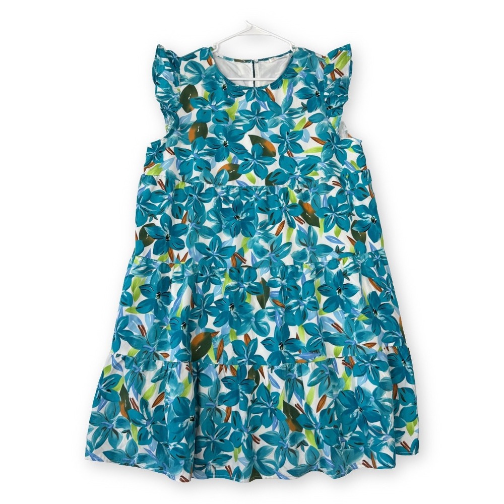 Kirundo Blue Floral Tiered Mini Dress Sleeveless Ruffle Babydoll Lined Large